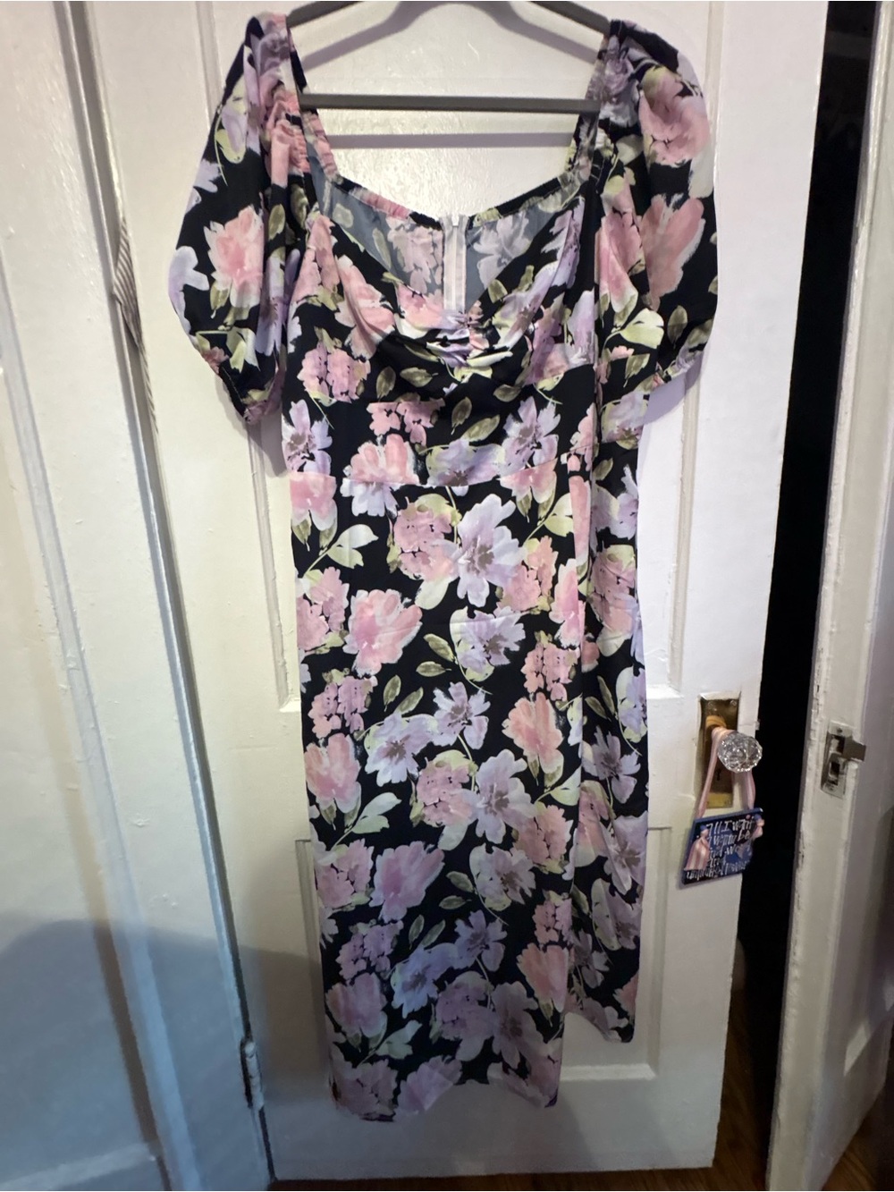 Cider Black Floral Midi Dress with Pink and Lavender Blooms